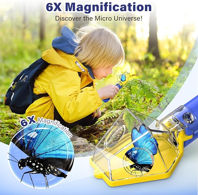 Bug Catcher, Insect Trap Kit with 6X Magnifier, STEM Educational Exploration Toys Gifts for Kids Adult, Catching Ladybugs, Butterflies, Dragonflies, Spider (Blue 2PCS)