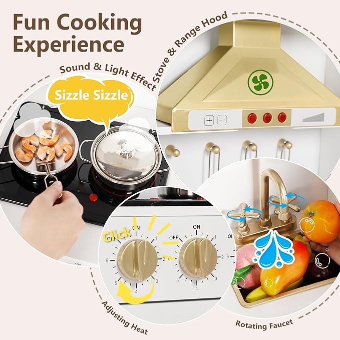 Kinder King Wooden Kids Play Kitchen, Toy Kitchen Playset for Toddler, Play Kitchen Set w/Real Sounds, Pretend Coffee Machine, Kitchen Hood, Sink, Ice Maker, Gift for Boys Girls Age 3+, White