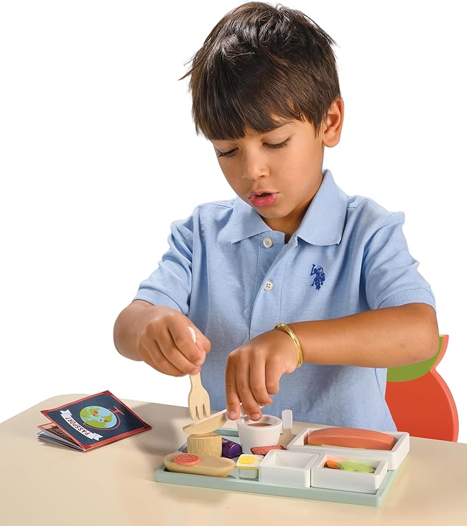 Tender Leaf Toys - Airline Meal Tray - Wood Pretend Play Food Set for Imaginary Travel - Includes 3-Course Plane Meal, Accessories and Passport - Encourages Imaginative Play, Language Skills - Age 3+