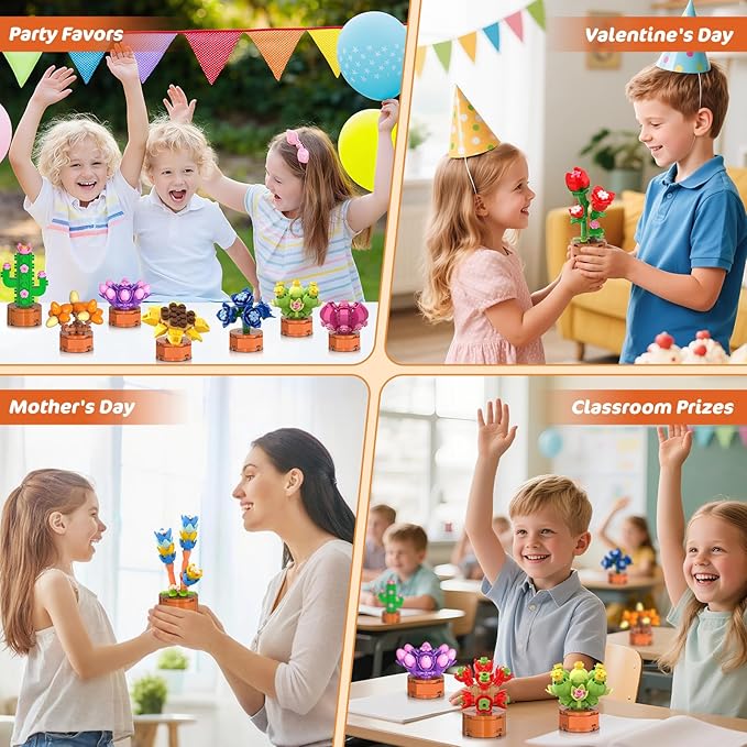 24 Pack Flowers Succulents Party Favors for Kids Building Set - 1012 PCS Botanical Bonsai 3.6MM Mini Building Blocks Toy for Classroom Prizes Easter Basket Stuffers Birthday Gift for Girl Boy Ages 6+