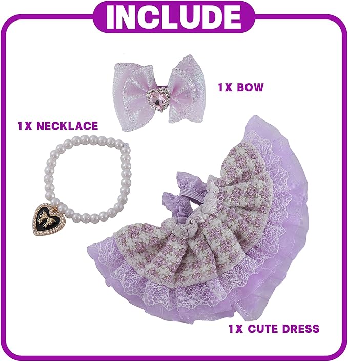 17cm Doll Clothes Set 3-Piece Doll Clothing Set with Purple Dress Necklace and Heart Decor Accessories for 17cm Plush Dolls, Clothes Only, No Doll Included