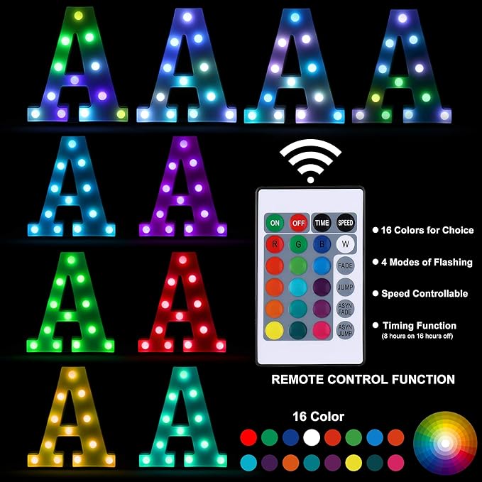 Foaky Colorful LED Letter Lights with Remote,Marquee Light Up Letters Sign for Night Light Wedding/Birthday Party Battery Powered Christmas Lamp Home Bar Decoration(J)