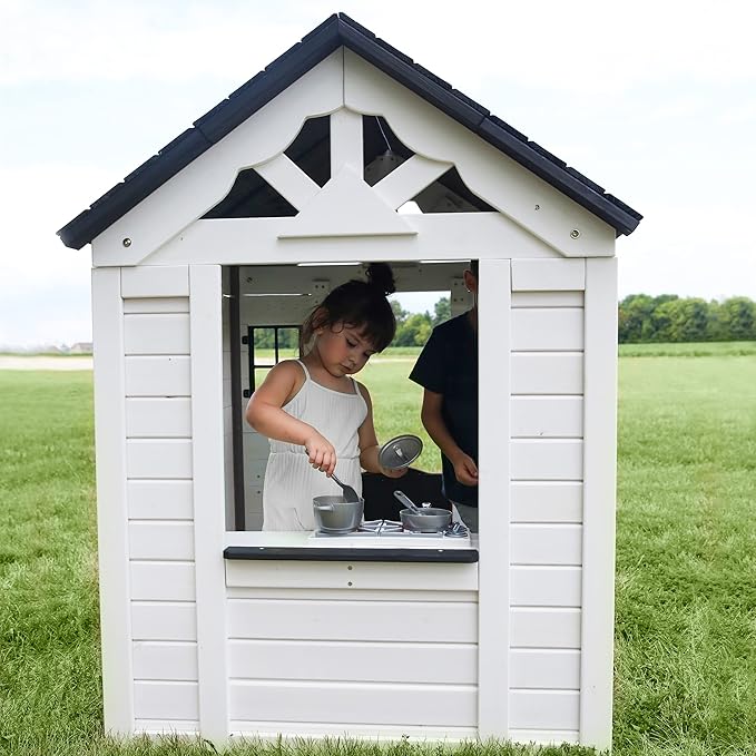 Backyard Discovery Sweetwater White Cedar Wooden Kids Playhouse Cottage with Play Kitchen, Snack Bar, Half Door, Toy Phone, Windows, Flowerpot Holders, Working Doorbell for Outdoor Imaginative Play