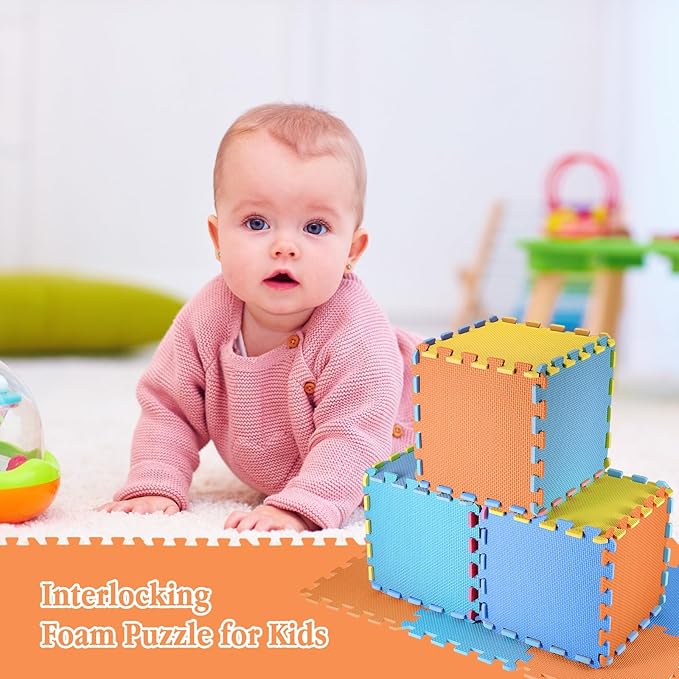 Nuanchu 60 Pcs Kids Foam Puzzle Floor Mat Bulk Solid Color Foam Play Mat with Borders Interlocking Multi Use Floor Rug for Baby Toddler Children 12 Inch (Dark Blue, Light Blue, Orange, Yellow)