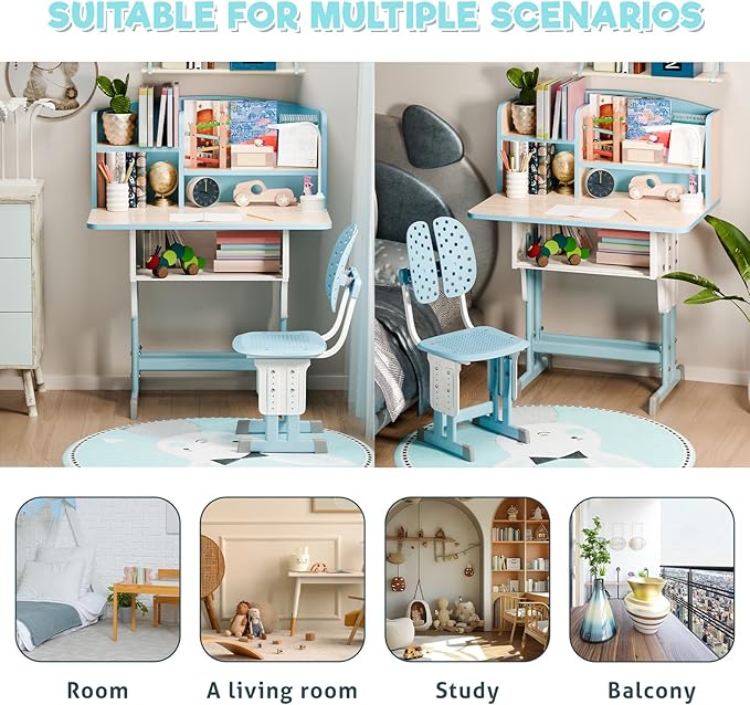2025 NEW Kid's Study Desk and Chair Set, Ergonomic Height Adjustable Children Study Desk with Tilt Desktop, Book Stand, Light, Metal Hook and Storage Drawer,Gift for Boys Girls (Blue 70cm no lean)