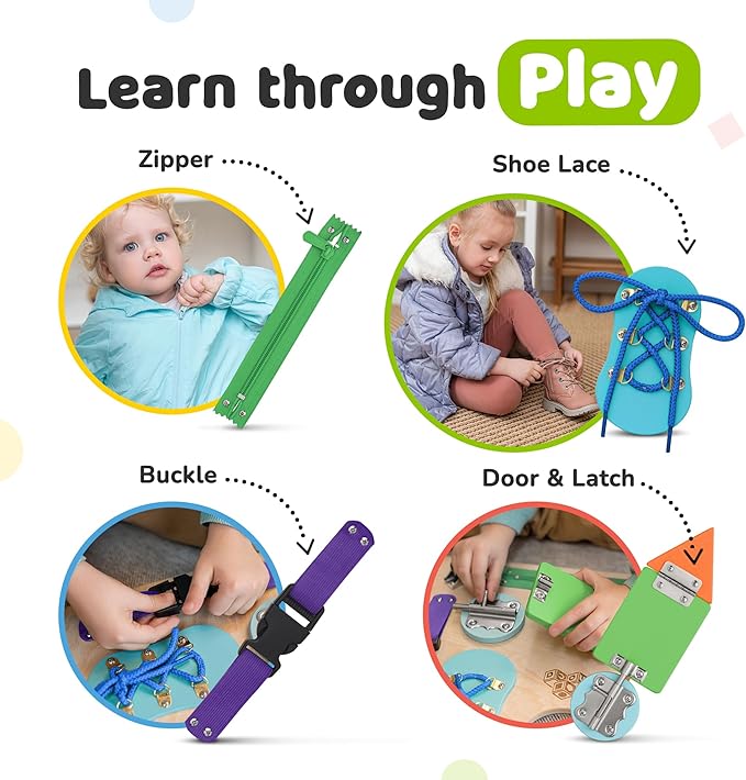 Montessori Busy Board for Toddlers, Premium Wooden Toddler Busy Board for 1 2 3 Year Old with 10 Educational Activities for Fine Motor Skills, Sensory Activity Toy for Travel, Gift for Boys & Girls