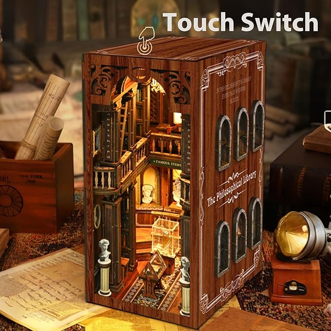 ISSEVE Book Nook Kit, DIY 3D Wooden Puzzle Dollhouse Booknook for Adults, Tiny Miniature House Kit Bookshelf Decor, Halloween for Crafts Book Lovers (Library of Philosophical)