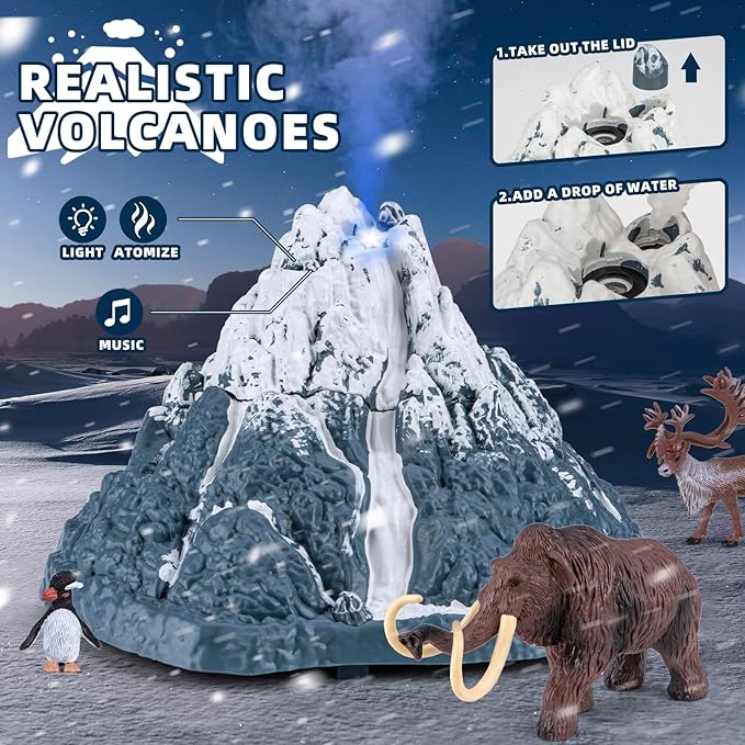 Prehistoric Animal Toys for Kids 3-5, Safari Animals Figurines and Snowy Volcano Toy Set with /Realistic Mammoth, Lion and Gorilla. Educational Gift 4-9.Gift for Toddlers Boys & Girls