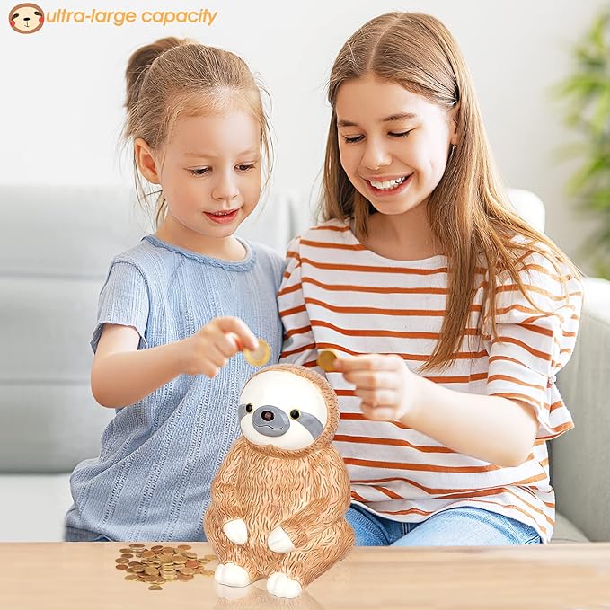 Winsterch Piggy Bank Cute Ceramic Money Saving Box Coin Bank for Boys and Girls,Kids Practical Gifts for Birthday,Christams,Brown Sloth Bank,7.87 x 5.9 inches