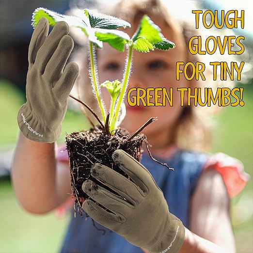 HANDLANDY Kids Genuine Leather Work Gloves for ages 3-11, Children Gardening Gloves for Boys, Girls (Large (age8-11), Khaki)