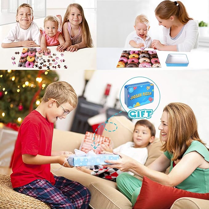 LELEMON 100 Pieces Donut Jigsaw Puzzle for Kids Ages 4-8 Sweet Colorful Donut Jigsaw Puzzles in a Metal Box Children Boys Girls Learning Educational Puzzles Toys