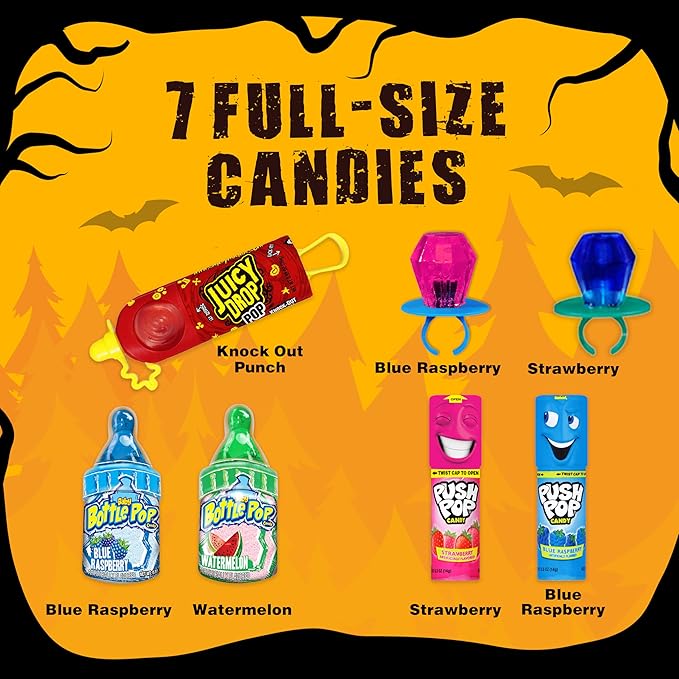 Halloween Candy Variety Pack Bag, 7 Ct Bulk Individually Wrapped Lollipops, Ring Pop, Push Pop, Baby Bottle Pop & Juicy Drop, Birthday Party Favors, Trick or Treat, Halloween Candy Bowls, Kids Gifts