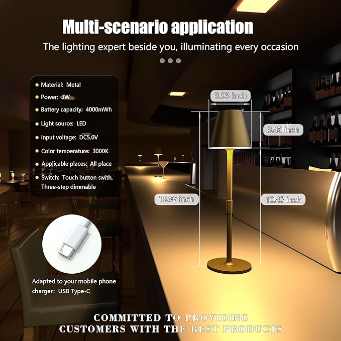 LED CordlessTable Lamp,4000mAh Rechargeable Battery Desk lamp,3 Level Brightness Portable Night Light, Minimalist Design, for Couple Dinner/Coffee Table/Restaurant/Bedroom(Bronze)