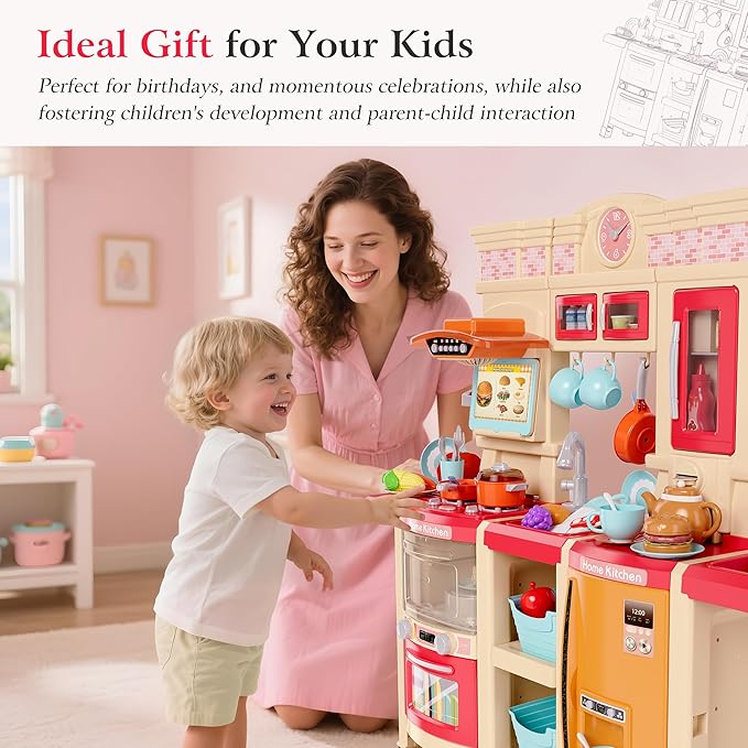 [2025 Upgraded] Kitchen for Kids & Toddlers Play Kitchen Set with Tablet Ordering, Music, Lights & Sounds, Steam Stove & Boiling Bubbles, Oven Dings, Faucet & Dishwasher,Easy-Install,Life Skills(Pink)