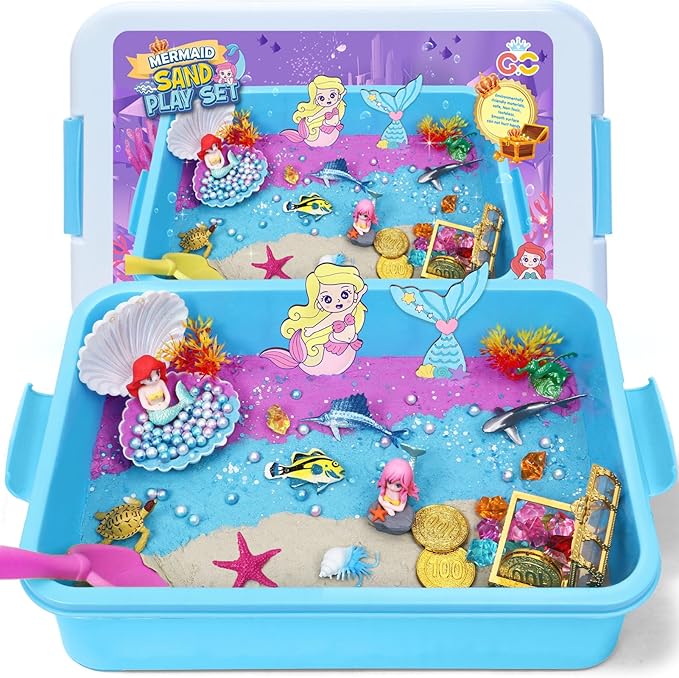 G.C Sensory Bin for Girl Kid Toy, Play Sand Art Kit 108pcs with Sandbox, 2lb Color Sand, 6 Castle Molds, Tactile Sensory Toy Christmas Birthday Gift for Girl Toddler Ages 3 4 5 6 7 8 (Mermaid)