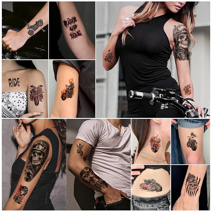 77 Sheets Temporary Tattoos, 17 Sheets Half Arm Motorcycle Skull Flame Flower Mechanical Fake Tattoos for Adults Shoulder Neck, 60 Sheets Tiny Temporary Tattoos Realistic for Men Women Boy Girl