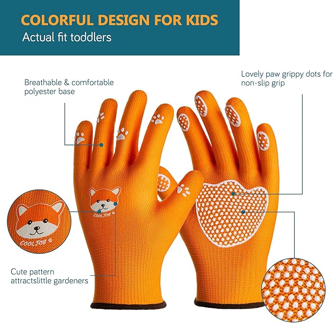 COOLJOB Small Toddler Gardening Gloves for Little Boys Girls Ages 2-4, Breathable Kids Work Gloves with Grippy Animal Paw Dots for Children Yard Landscape, Orange Dog, 1 Pair