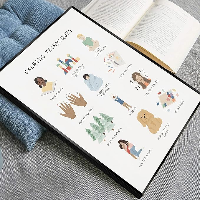 uoyien Calming Corner Classroom Mental health Poster Feelings Calming Techniques Canvas Wall Art Boho Emotions Chart for Kids Prints Special Education Wall Decor for Office 12x16in Metal Framed