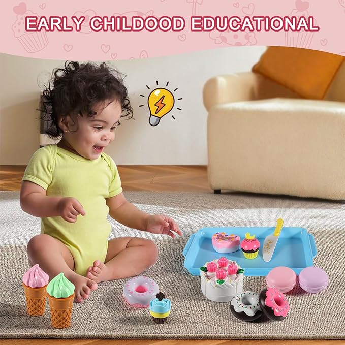 15 PCS Pretend Play Food Set - Play Food for Kids Kitchen - Pretend Cutting Play Desserts Cake Ice Cream and Donuts Food Toys - Birthday Gifts Set Toy for Boys, Girls, Kids, Toddler