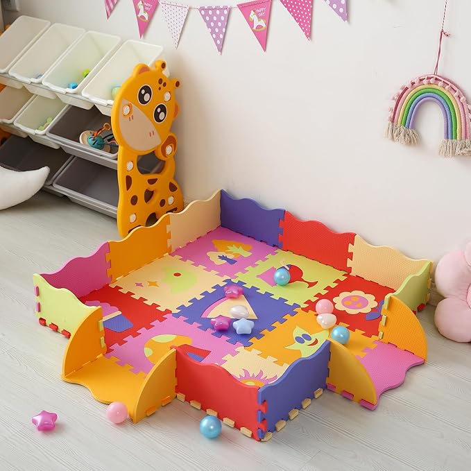 Foam Play Mat for Kids，25Pcs Square Interlocking Puzzle Floor Mat，Baby Play Mat Floor Mat Foam Puzzle Playmat for Toddlers with Fence