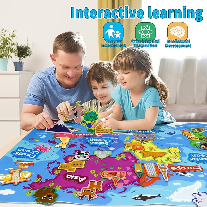 Taika World Felt Set, Felt World Map with World Famous Sights, Educational Play Mat Flannel Board Set, 43x28 inch Preschool Learning Flannel Board for 4+