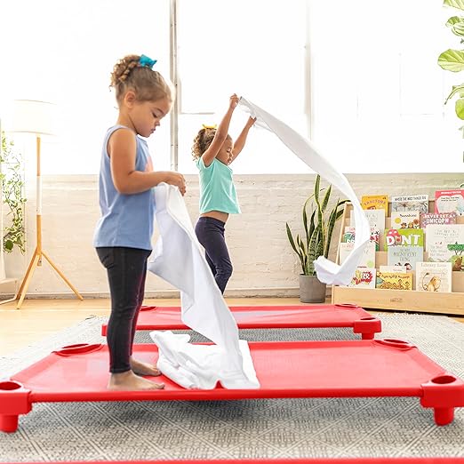 ECR4Kids Stackable Kiddie Cot, Ready-to-Assemble, Standard Size, Classroom Furniture, Red, 6-Pack
