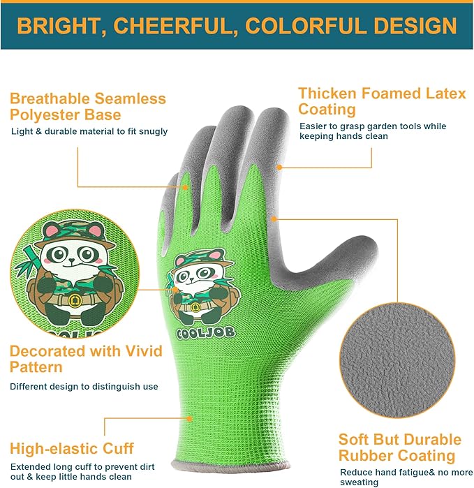 COOLJOB 3 Pairs Kids Gardening Gloves for Age 6-8, Children Toddlers Boys Grippy Rubber Coated Work Gloves, Red & Green & Blue (Explorer, Medium M)