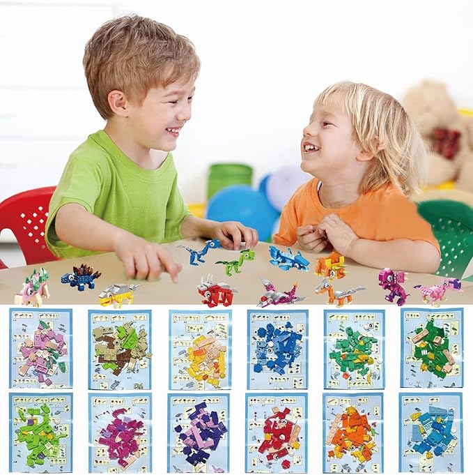 Dinosuar Party Favors,(24pcs) 48 Kind of Mini Building Blocks Party Favors,Goodie Bag,Bulk Toys, Classroom Prizes,Back to School Students Gifts for Dino Toys 6-8-12 Socking Stuffers for Boy