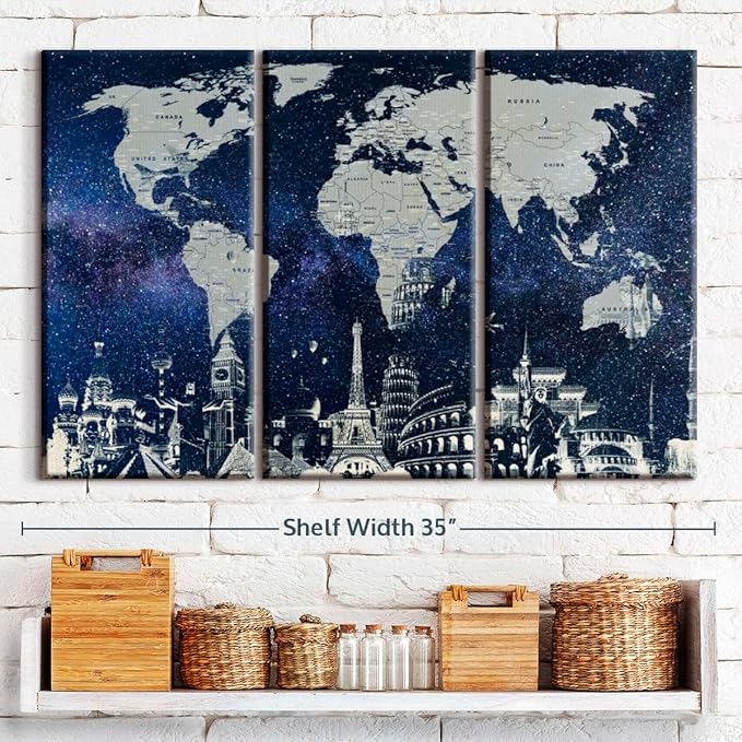 ElephantStock Starry World Map Multi Piece Canvas - 3 Panel Wall Decor - Map of the World Art - Canvas for the Office and Home - 33" X 20"