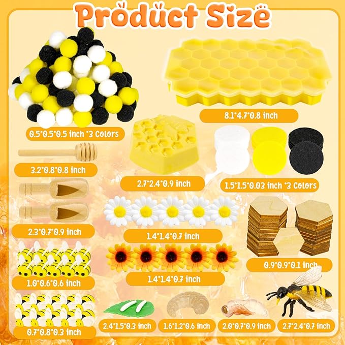 Hiawbon Bee Sensory Bin Tools, Wooden Sensory Tool Sets, Bee Growth Cycle, Honeycomb Model, Bee Themed Pom Pom Bee Sunflower Wooden Chip Scoops for Counting Sorting Hammering Pounding