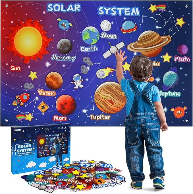OKOOKO Solar System Felt Story Board Set 41PCS 43x29inch Outer Space Universe Storytelling with Hooks Astronaut Planets Galaxy Preschool Craft Early Learning Interactive Play Kit for Toddlers Kids 4+