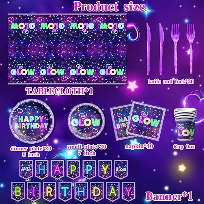 Glow Neon Party Supplies Tableware Set, 142Pcs Let's Glow Birthday Party Decorations Include Neon Plates and Napkins,Cups,Glow Tablecloths for Neon Party Decorations, Serves 20