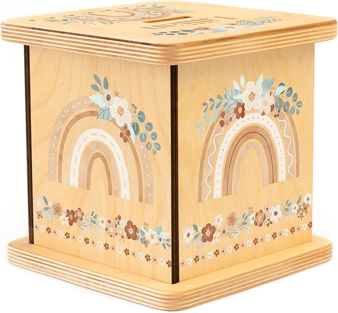 Wooden Piggy Bank for Kids and Adults, Personalized Gift Handmade in USA by BloomOwl, Custom Piggy Bank, Personalized Banks for Kids, Gifts for Baby Boys and Girls (Rainbow- Boho Floral)