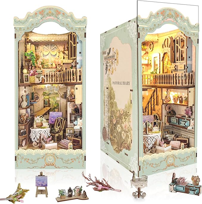 DIY Book Nook Kit,Dollhouse Booknook Bookshelf Insert Decor,3D Wooden Puzzles with LED Dust Cover,Book Nook Miniature Kit,Birthday Halloween Home Decor for Teens Adult-Countryside Diary