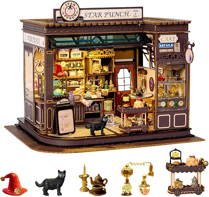 Miniature House Kit Magic Coffee Shop, DIY Miniature Dollhouse Kit for Adults, Tiny House with Furniture & LED Lights, Wooden Craft Mini Model Kits, Birthday Gift for Teens Family Friends