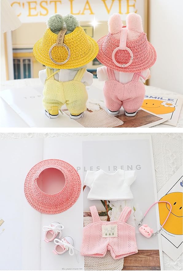5 Pcs/Set 15-17cm Doll Clothes for Labb Rabbit Bunny, Lovely Girly Doll Clothing Straw Hat+Overalls+T-Shirt+Handbag+Canvas Shoes, Fashionable Outfit for Dress up, Doll Costume Fashion Dresses -Purple