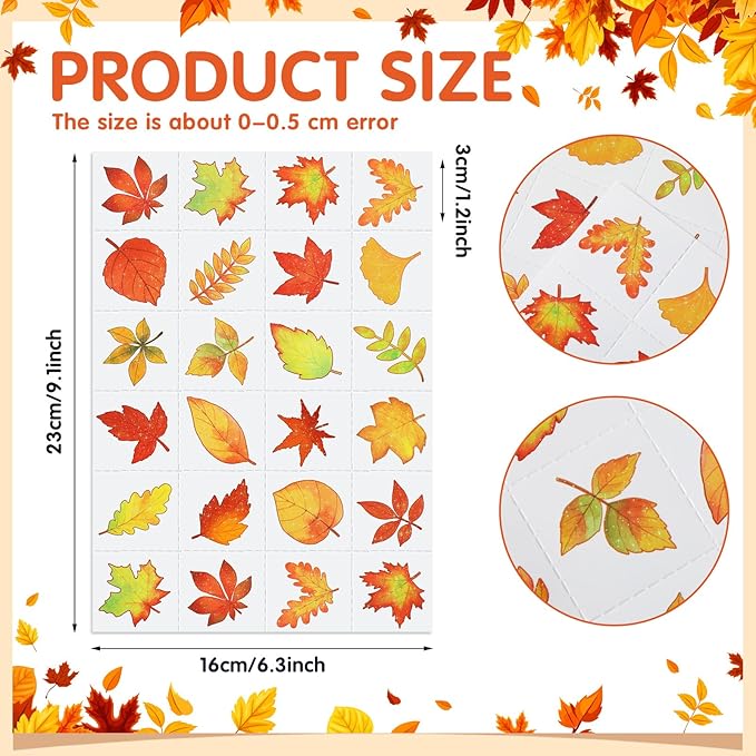 Landhoow 240 Pcs Fall Glitter Temporary Tattoos Fall Leaves Glitter Tattoos Maple Elm Leaves Seasonal Face Temporary Sticker for Autumn Themed Party Body Face Supply