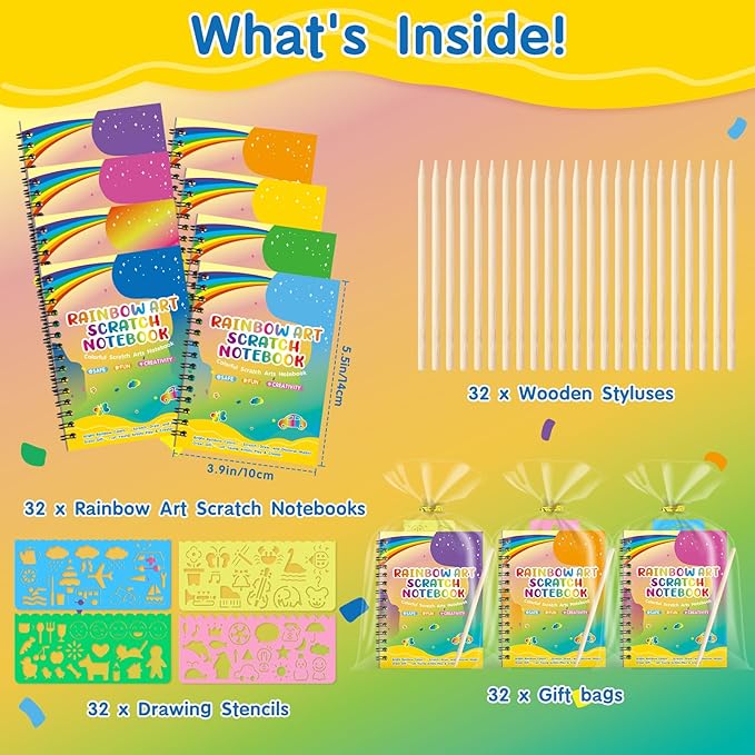 YSCare Scratch Arts Party Favors for Kids: 32 Pack Rainbow Art Scratch Notebook, Art Craft Kit Goodie Bags, Birthday Gift Bulk Return Gifts Classroom Prizes for Girls Boy 4-8-12