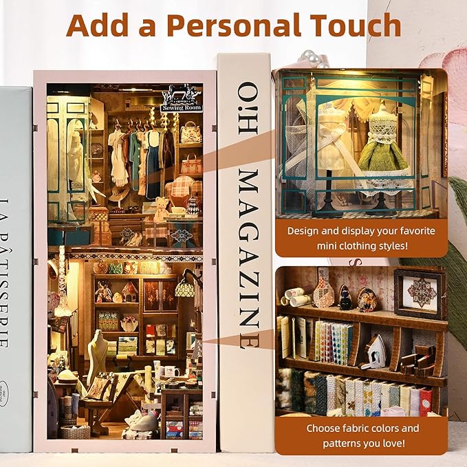 Book Nook Kit - DIY Miniature House Dollhouse Kit for Adults and Teens, Booknook Tiny House Bookshelf Decor 3D Wooden Puzzle, Gifts for Family Friends (Sewing Room)