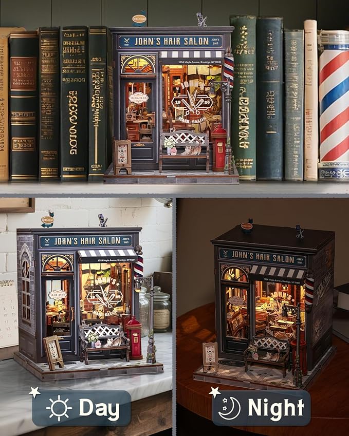 Book Nook Kit, DIY Miniature House Kits for Adult and Teens, Dollhouse Tiny Booknook Garden House Bookshelf, DIY Craft Gifts for Family and Friends (John's Hair Salon)
