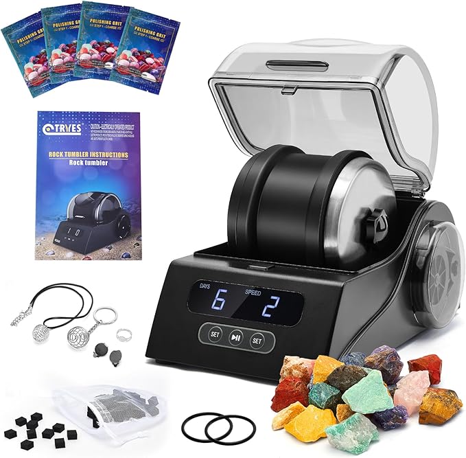 Rock Tumbler Kit Adults - Rock Polisher Tumbler with Noise Reduction Cover, Speed&Timer Control, Includes 4 Polishing Grits, Rough Gemstones, Learning Guide etc., Great Science Gift for All Ages