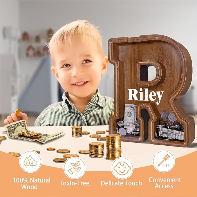 Wooden Letter Piggy Bank for Kids Larger Letter Piggy Bank for Boys and Girls Personalized Piggy Bank Initial Coin Bank Wood Kids Money Bank for Birthday and Festival