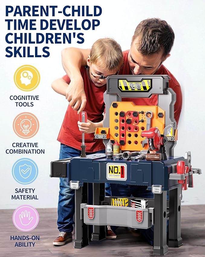 Deejoy Kids Tool Bench with Realistic and Electric Drill, Construction Workbench Toys for Toddlers 3-5, Toddler Bench Set for Boys & Girls Age 3-4