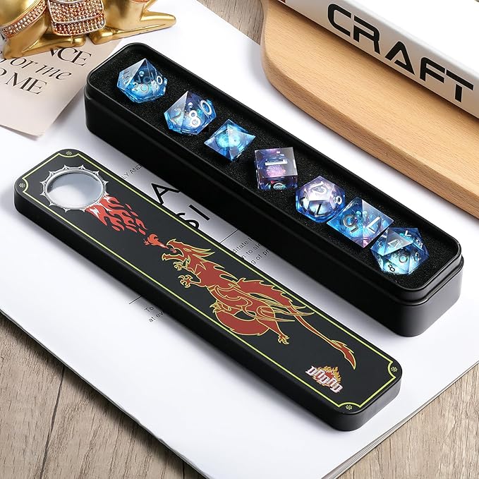 Resin Sharp Dice,DNDND 7PCS Glitter Liquid Resin DND Dice Set with Gift Case for Dungeons and Dragons Tabletop Game (Liquid Blue and Pink)