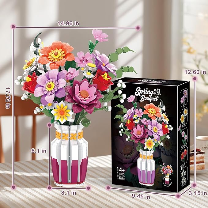 Dual-Tone Vase Flowers Bouquet Building Set, 16 Artificial Flowers Bouquet Sets for Adults & Women & Home Decor Living Room, Compatible with Lego Flowers Bouquet Botanicals Collection, 1278 PCS