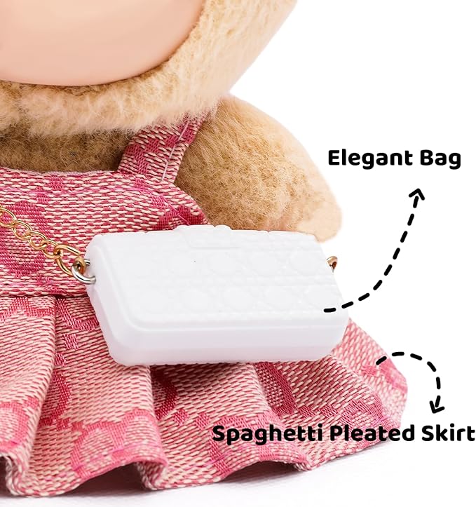 Doll Clothes Compatible with Labubu 17cm, Premium Dolls Accessories 3 Piece Set Including Chic Spaghetti-Strap Dress & Bag and Bow, High-End Fashion Outfit for Play & Display - Pink