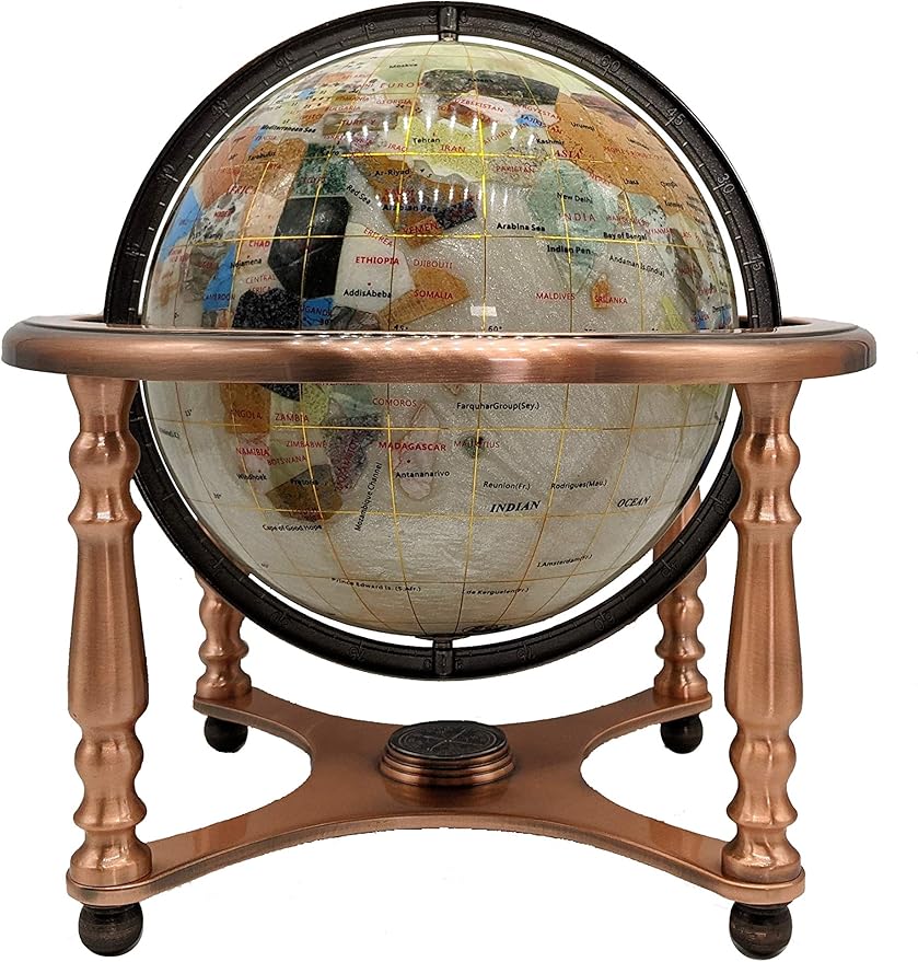 Limited Edition! Unique Art Since 1996 Pearl Ocean Table Top Gemstone World Globe with 4 Leg Copper Plated Zinc Alloy Stand (220MM/PEARL OCEAN/4LEG COPPER)