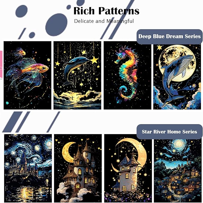Scratchboard Art for Adult Luminous Scratch Painting Kits, A5 Scratch Art Rainbow Painting Paper 8 Sheet with 4 Tools, Scratchboard for Teens & Adults, Fun Creative Craft Toy/Gifts/Decor, Dreams