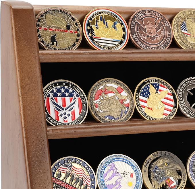 4 Rows Military Challenge Coin Holder Display Holds 32 Coins, Solid Wood Army Coin Rack Display Case Stand for Wall Mount or Tabletop, Walnut