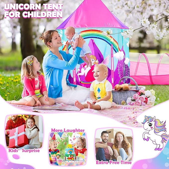 PigPigPen 3pc Kids Play Tent for Girls with Ball Pit, Crawl Tunnel, Castle Tents for Toddlers, Baby Unicorn Tent Toys, Girls Indoor& Outdoor Play House, Perfect Kid’s Gifts (3PC Unicorn Play Tent)